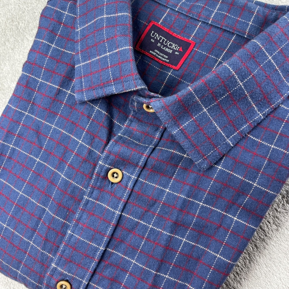 UNTUCKit XL Blue Plaid Long Sleeve Light Flannel 100% Cotton Button Down‎ Shirt